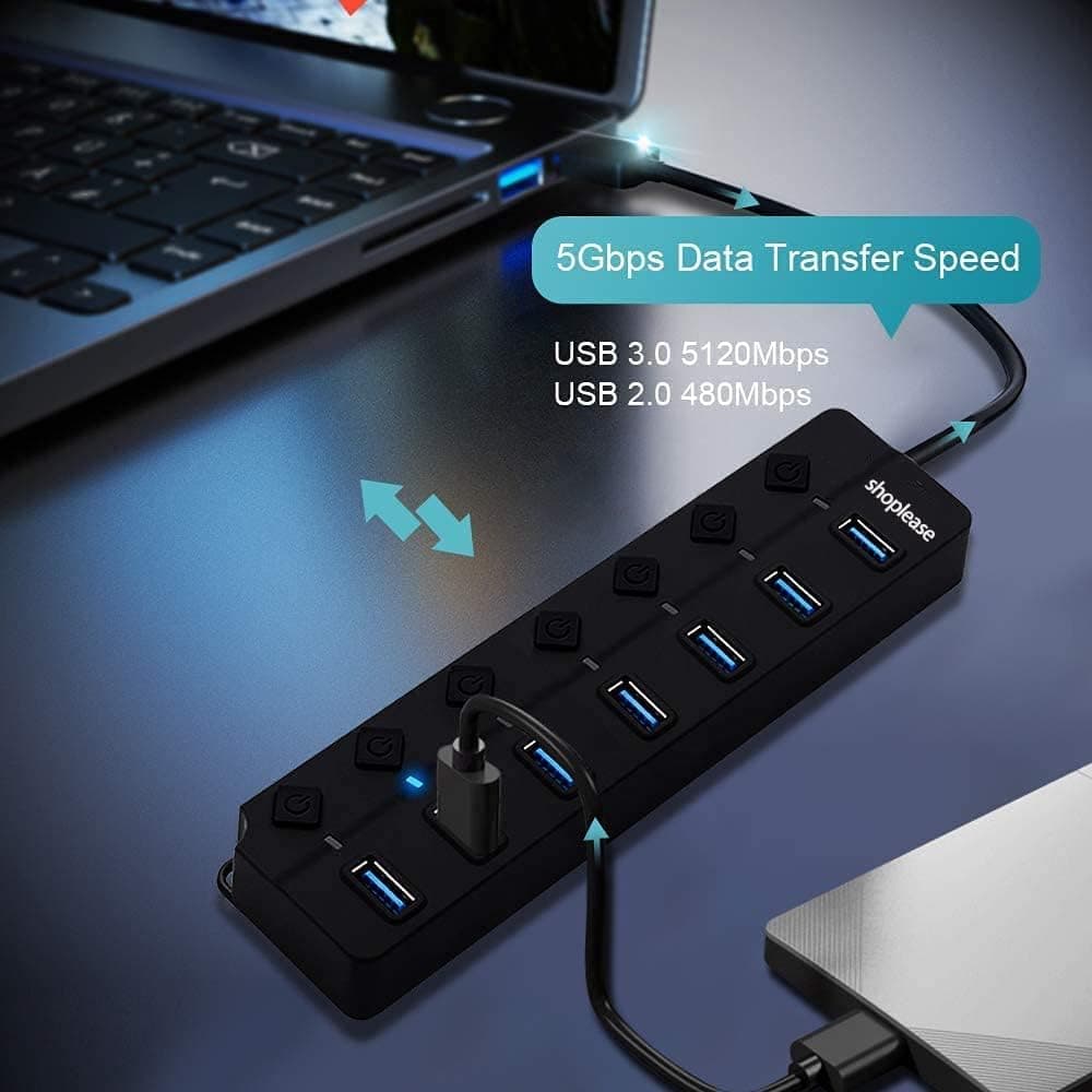 هاب USB 3.0 هفت پورت shoplease با کلید مستقل و چراغ، بدون آداپتور برق هاب USB 3.0 هفت پورت shoplease با کلید مستقل و چراغ، بدون آداپتور برق