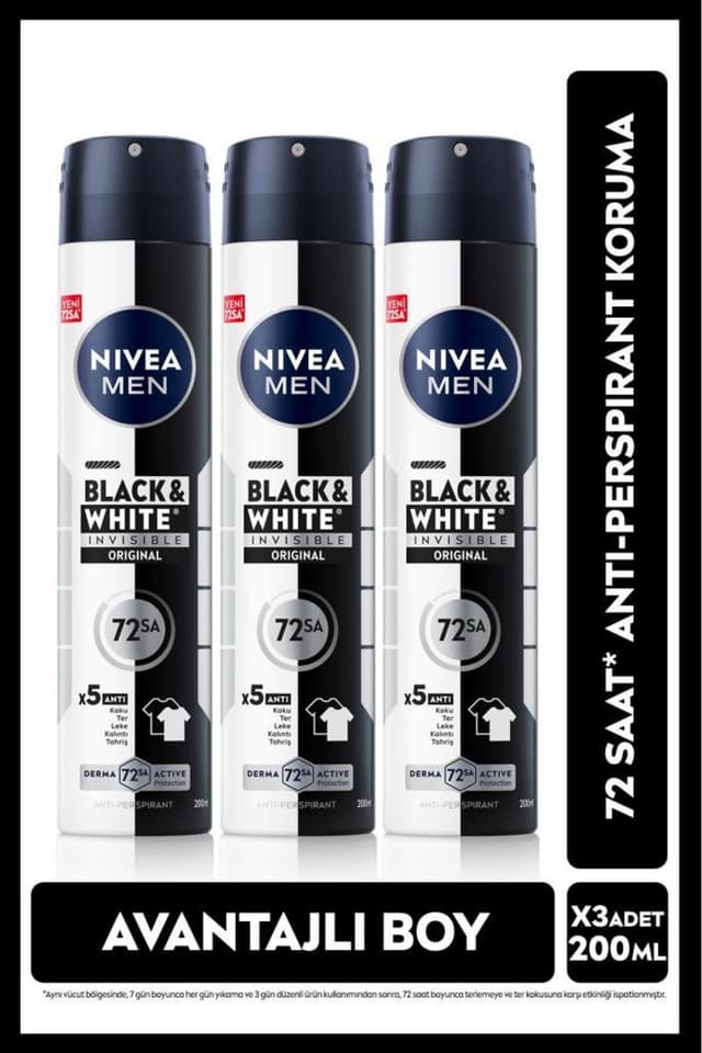 اسپری دئودورانت مردانه NIVEA Black&White Invisible Original ضدتعریق 72 ساعته 200ml X3 اسپری دئودورانت مردانه NIVEA Black&White Invisible Original ضدتعریق 72 ساعته 200ml X3