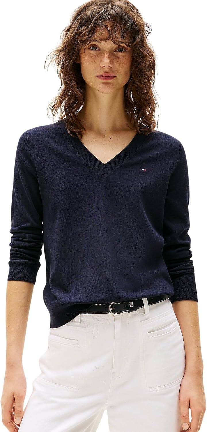 پلیور زنانه Tommy Hilfiger یقه V مدل CO JERSEY STITCH پلیور زنانه Tommy Hilfiger یقه V مدل CO JERSEY STITCH