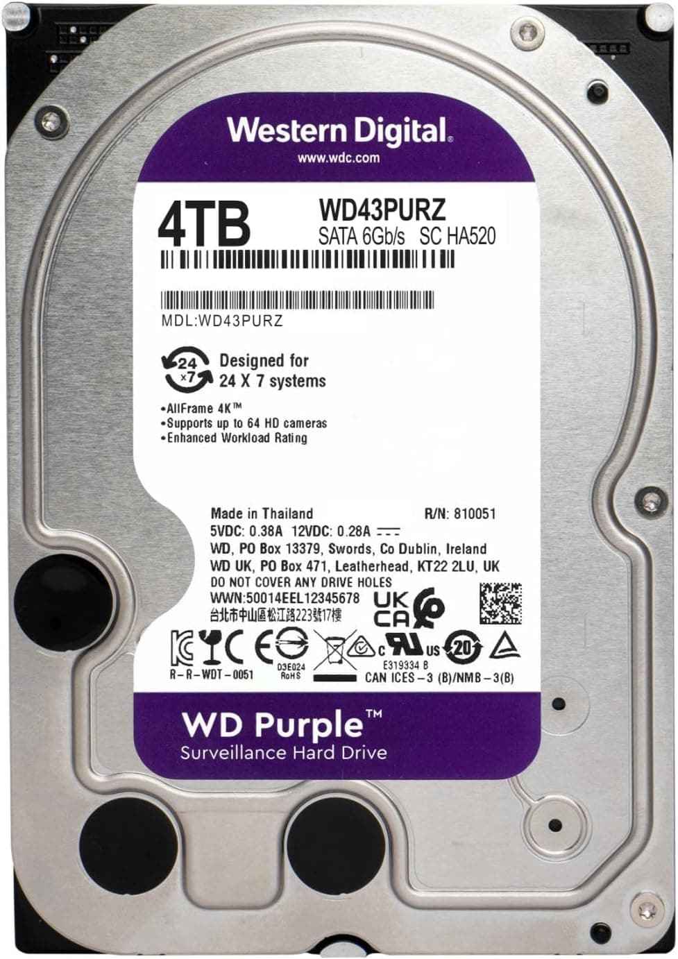 هارد دیسک داخلی نظارتی Western Digital WD Purple ظرفیت 4TB، SATA 6 Gb/s، کش 256 MB، 3.5 اینچ مدل WD43PURZ هارد دیسک داخلی نظارتی Western Digital WD Purple ظرفیت 4TB، SATA 6 Gb/s، کش 256 MB، 3.5 اینچ مدل WD43PURZ