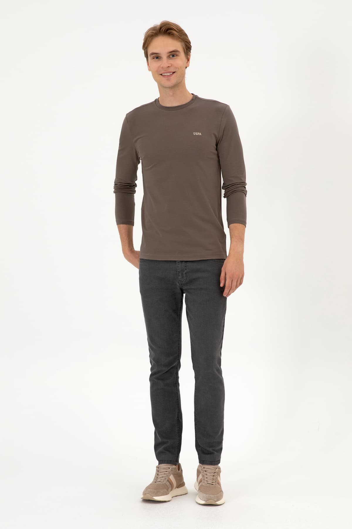سوئیشرت مردانه U.S. Polo Assn. فیت اسلیم یقه گرد خاکستری قهوهای Süprem Basic مدل 50313744-VR052 سوئیشرت مردانه U.S. Polo Assn. فیت اسلیم یقه گرد خاکستری قهوهای Süprem Basic مدل 50313744-VR052
