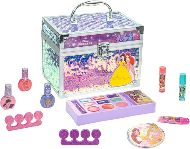 ست لوازم آرایش دخترانه Townley Girl Disney Princess با کیف قطاری، برق لب، سایه چشم، برس و لاک ناخن ست لوازم آرایش دخترانه Townley Girl Disney Princess با کیف قطاری، برق لب، سایه چشم، برس و لاک ناخن