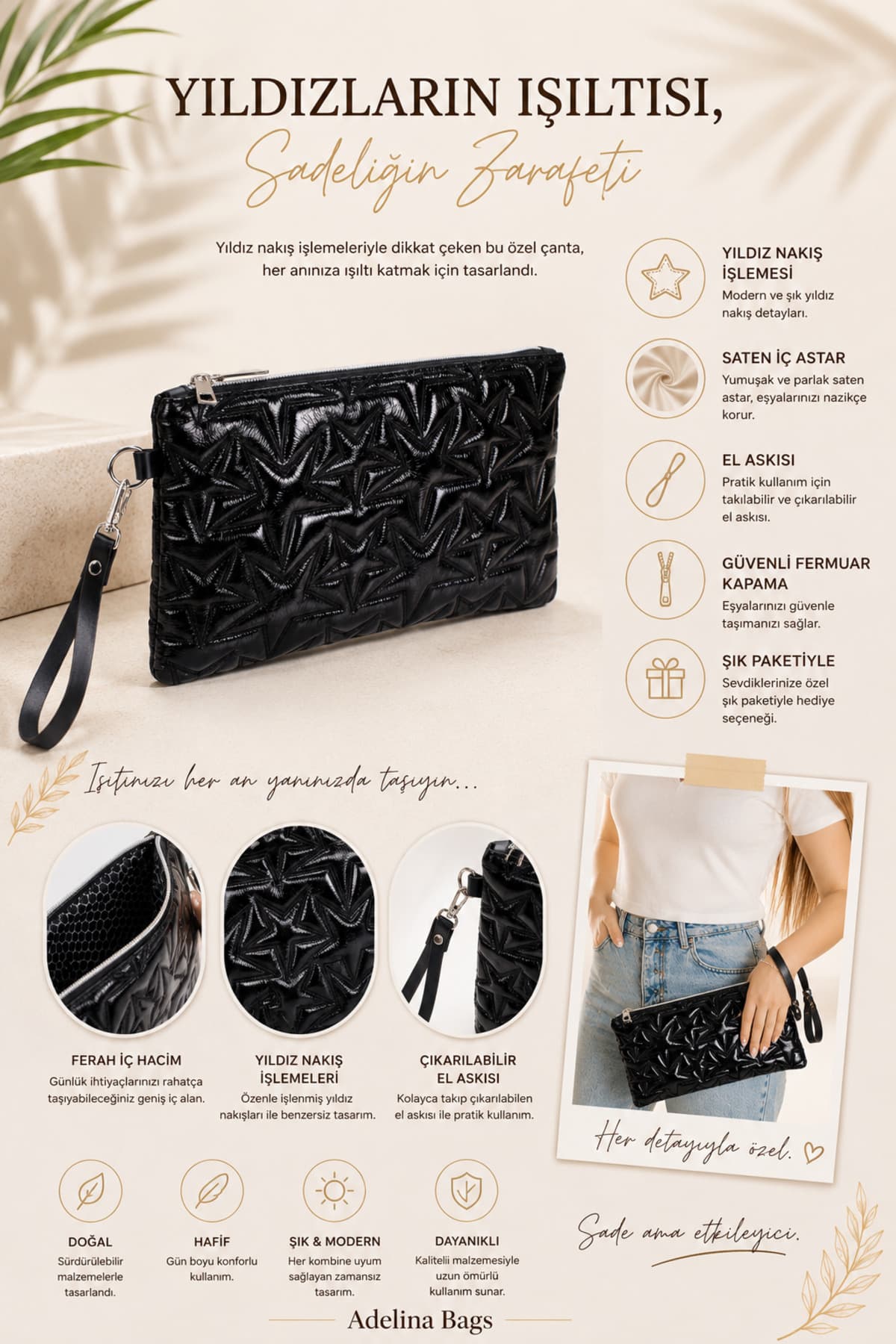 کیف دستی زنانه Adelina Bags کلاچ مشکی گلدوزی ستارهای آستر ساتن بند مچی کیف دستی زنانه Adelina Bags کلاچ مشکی گلدوزی ستارهای آستر ساتن بند مچی