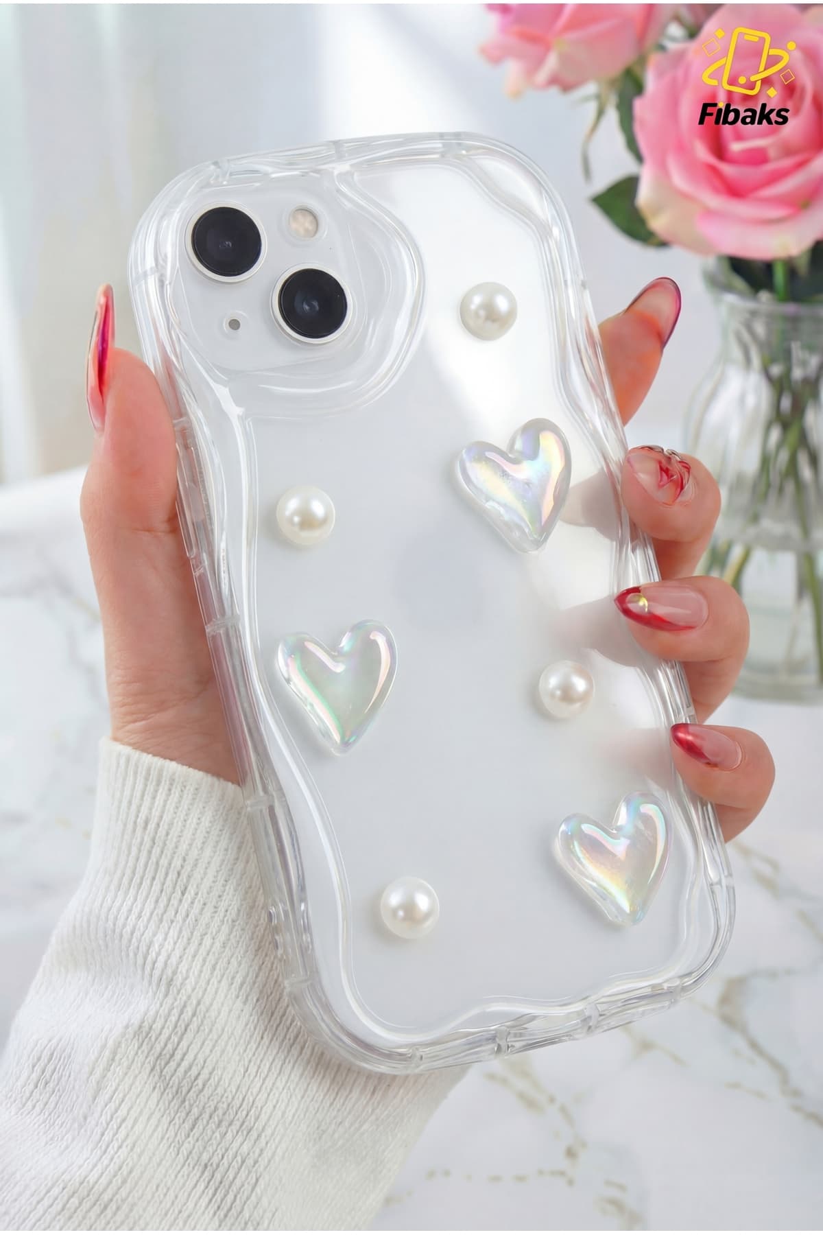 قاب گوشی Fibaks سیلیکونی شفاف طرح قلب و مروارید سه بعدی محافظ دوربین iPhone 13/14 قاب گوشی Fibaks سیلیکونی شفاف طرح قلب و مروارید سه بعدی محافظ دوربین iPhone 13/14