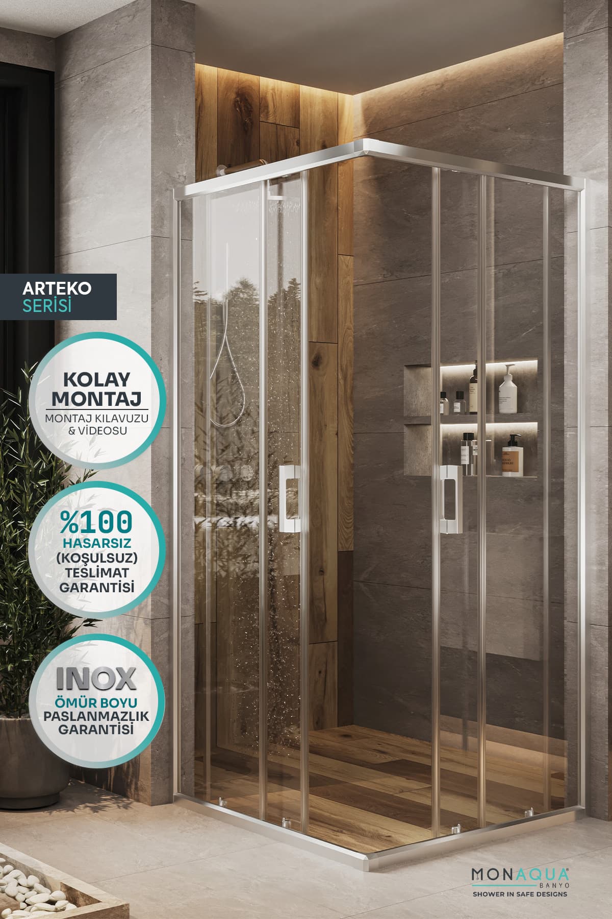 کابین دوش مربعی MONAQUA با پروفیل آلومینیومی آنودایز براق و شیشه سکوریت شفاف 6 mm مدل Arteko کابین دوش مربعی MONAQUA با پروفیل آلومینیومی آنودایز براق و شیشه سکوریت شفاف 6 mm مدل Arteko