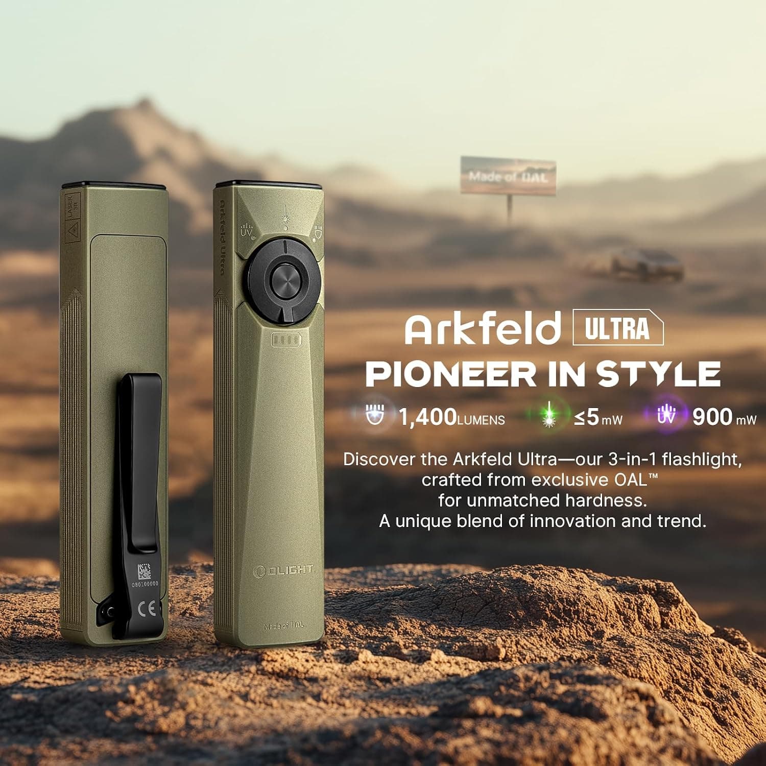 چراغقوه جیبی تخت شارژی OLIGHT Arkfeld Ultra، 1400 Lumens، سهمنبع نوری، زیتونی-سبز چراغقوه جیبی تخت شارژی OLIGHT Arkfeld Ultra، 1400 Lumens، سهمنبع نوری، زیتونی-سبز