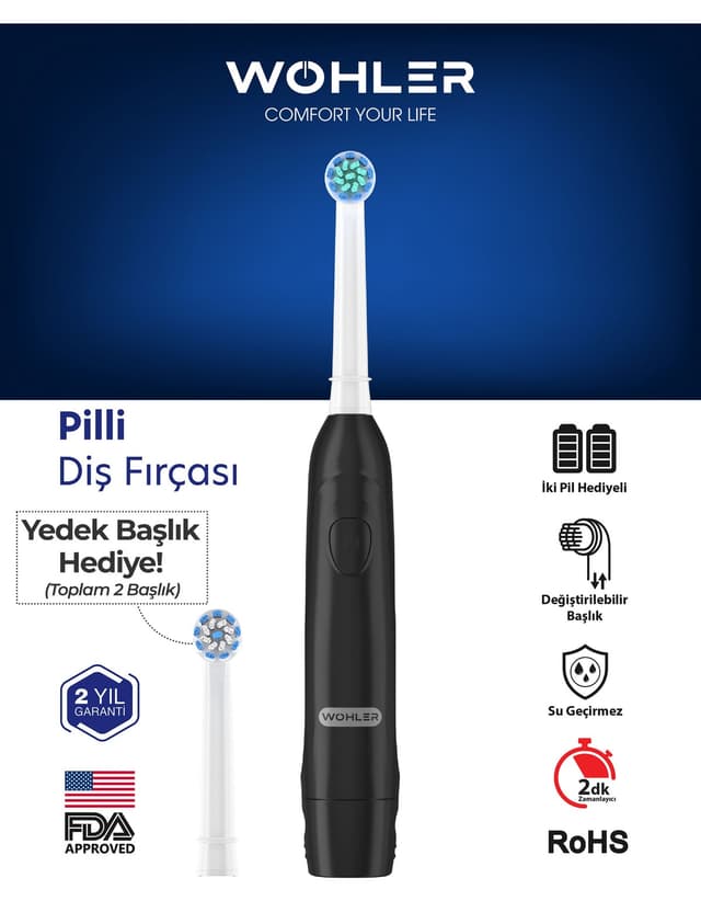 مسواک برقی باتریخور Wohler با سر قابل تعویض همراه سر یدکی FDA مسواک برقی باتریخور Wohler با سر قابل تعویض همراه سر یدکی FDA