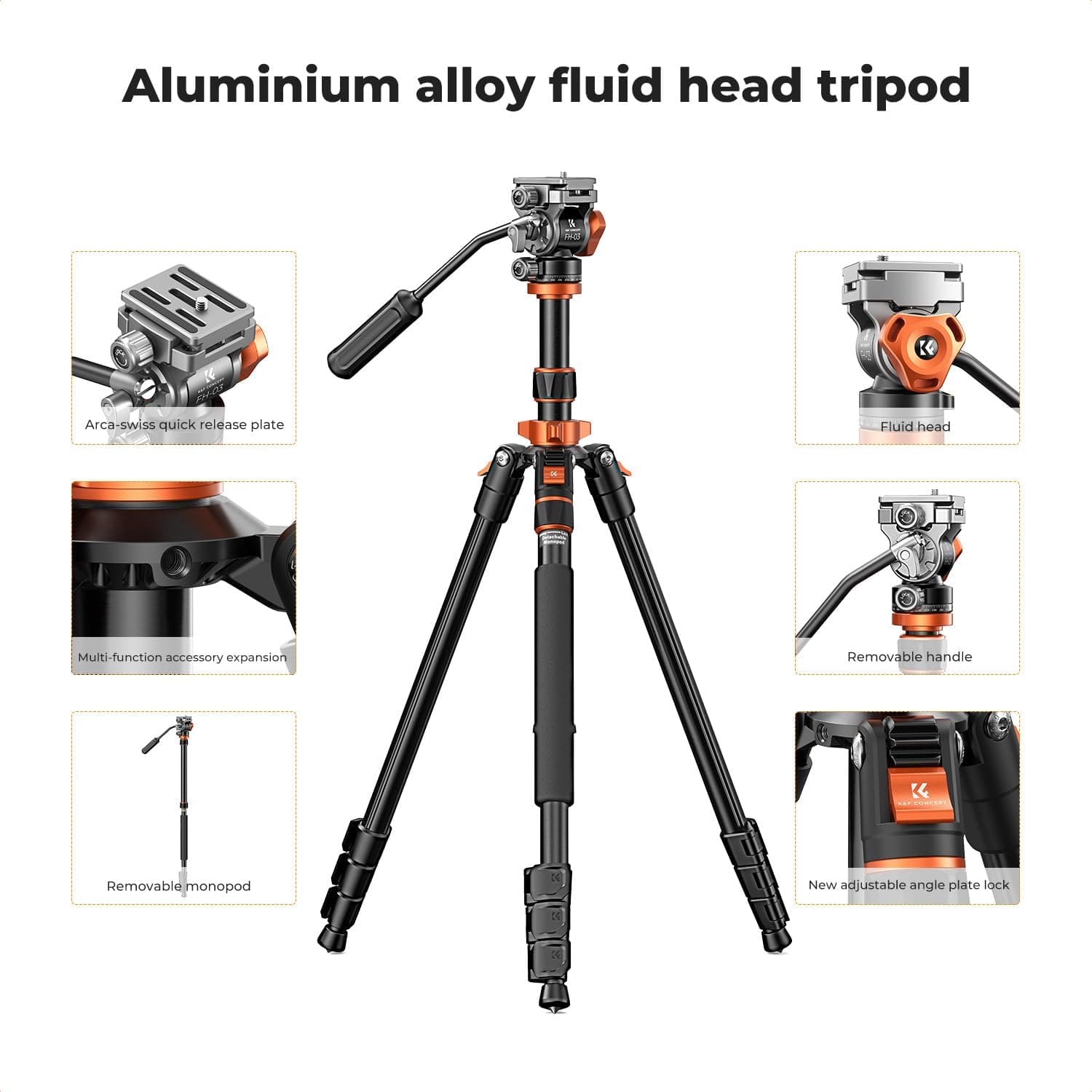 سهپایه دوربین K&F CONCEPT آلومینیومی کامپکت با هد سیال، تحمل وزن 5 kg مدل K234A7+FH-03 سهپایه دوربین K&F CONCEPT آلومینیومی کامپکت با هد سیال، تحمل وزن 5 kg مدل K234A7+FH-03
