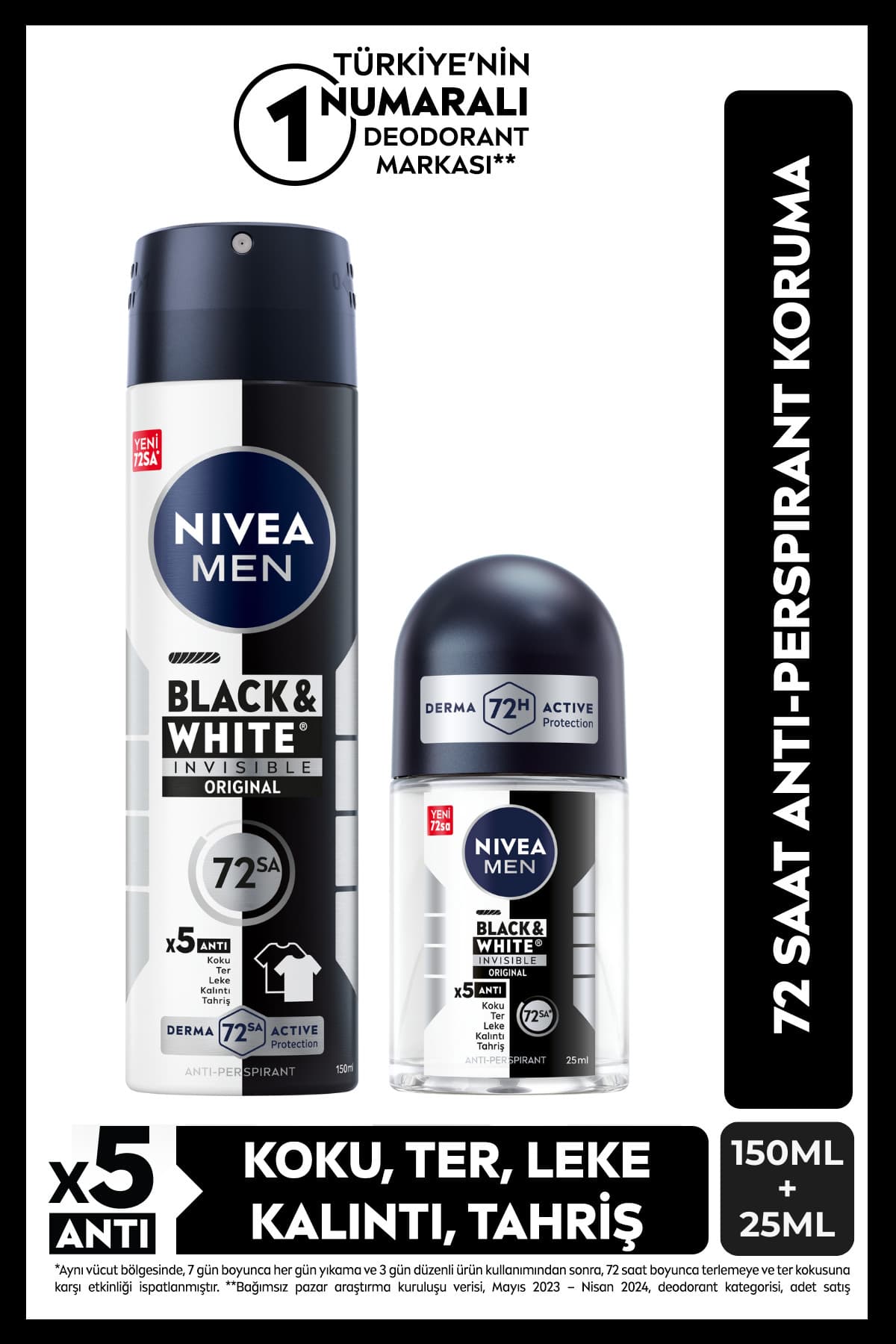 اسپری دئودورانت مردانه NIVEA Black&White بههمراه رولآن کوچک 150ml و 25ml با محافظت ضدتعریق 72 ساعته اسپری دئودورانت مردانه NIVEA Black&White بههمراه رولآن کوچک 150ml و 25ml با محافظت ضدتعریق 72 ساعته