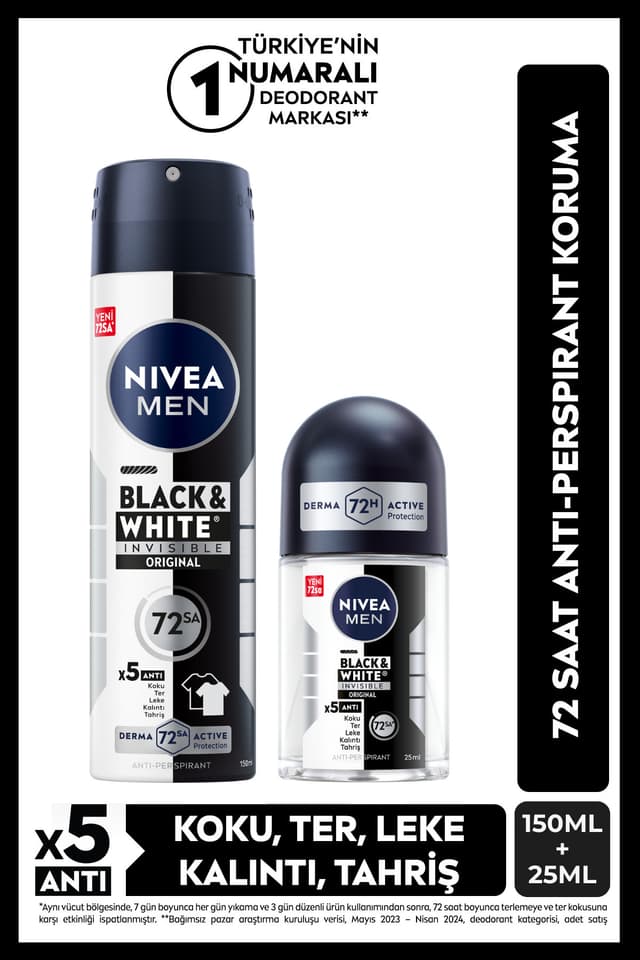 اسپری دئودورانت مردانه NIVEA Black&White بههمراه رولآن کوچک 150ml و 25ml با محافظت ضدتعریق 72 ساعته اسپری دئودورانت مردانه NIVEA Black&White بههمراه رولآن کوچک 150ml و 25ml با محافظت ضدتعریق 72 ساعته