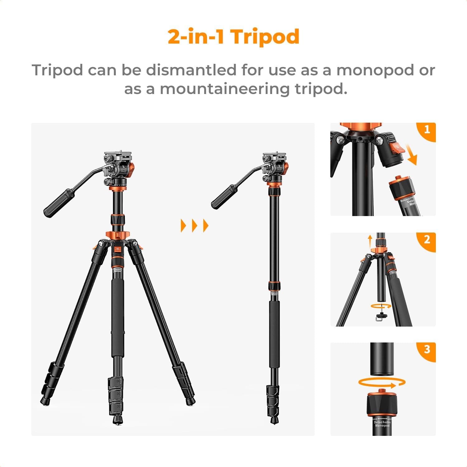 سهپایه دوربین K&F CONCEPT آلومینیومی کامپکت با هد سیال، تحمل وزن 5 kg مدل K234A7+FH-03 سهپایه دوربین K&F CONCEPT آلومینیومی کامپکت با هد سیال، تحمل وزن 5 kg مدل K234A7+FH-03