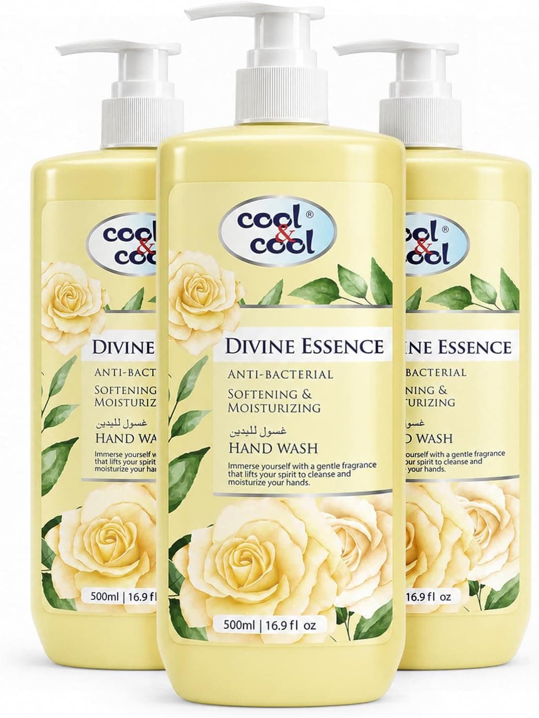 مایع دستشویی دوقلو Cool & Cool با رایحه Divine Essence و Exotic Bloom، آنتیباکتریال و نرمکننده پوست 500Ml x 2، 1Liter مایع دستشویی دوقلو Cool & Cool با رایحه Divine Essence و Exotic Bloom، آنتیباکتریال و نرمکننده پوست 500Ml x 2، 1Liter