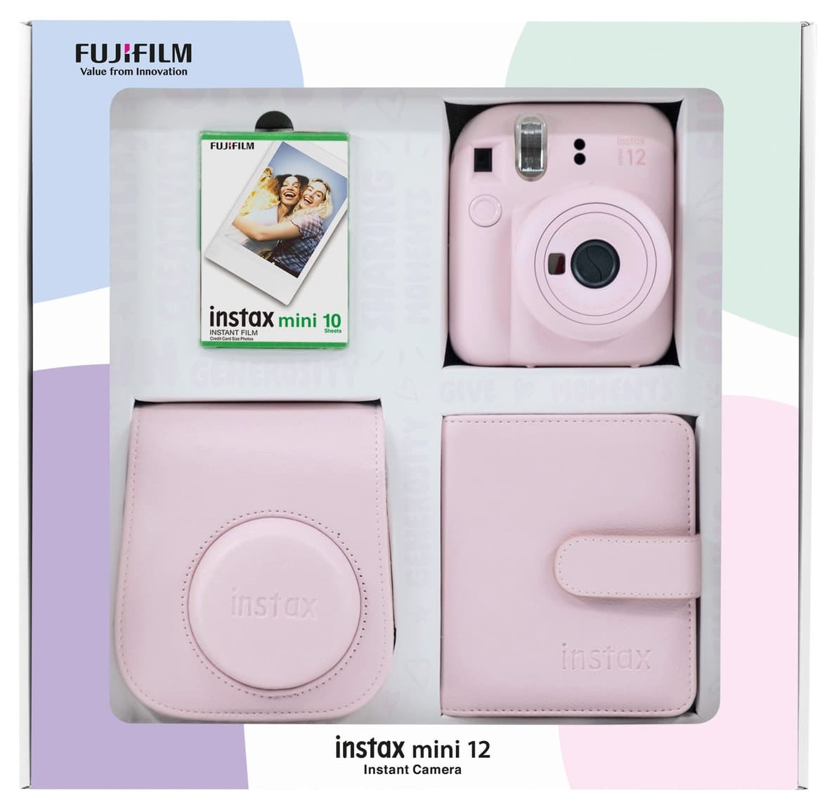 دوربین فوری Fujifilm Instax mini 12 صورتی با 10 فیلم، آلبوم مربعی، کیف چرمی دوربین فوری Fujifilm Instax mini 12 صورتی با 10 فیلم، آلبوم مربعی، کیف چرمی