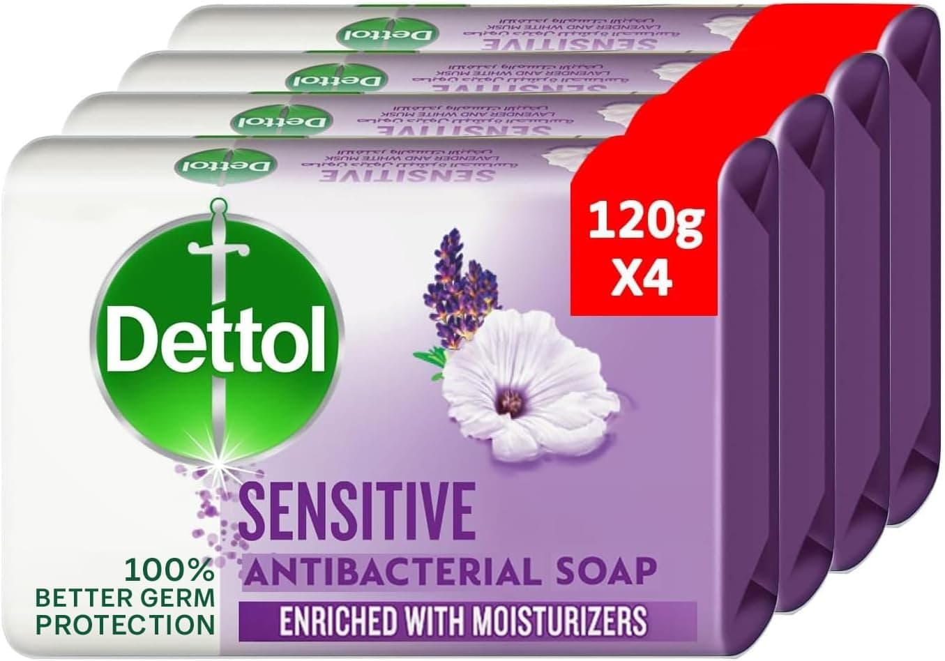 صابون حمام Dettol با رایحه اسطوخودوس و مشک سفید، مناسب پوست حساس، 120g × 4 صابون حمام Dettol با رایحه اسطوخودوس و مشک سفید، مناسب پوست حساس، 120g × 4