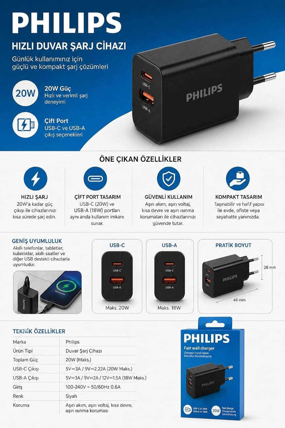 آداپتور شارژ Philips مشکی 1×USB-C 20W و 1×USB-A 18W مدل DLP4325AB/12 آداپتور شارژ Philips مشکی 1×USB-C 20W و 1×USB-A 18W مدل DLP4325AB/12