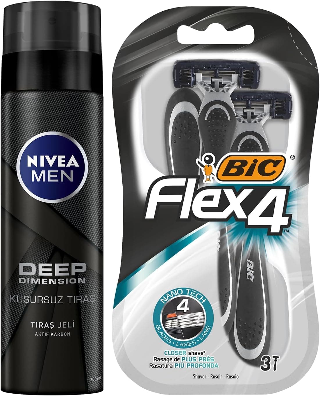 ژل اصلاح مردانه NIVEA MEN Deep Dimension 200ml + تیغ BIC Flex 4 ژل اصلاح مردانه NIVEA MEN Deep Dimension 200ml + تیغ BIC Flex 4