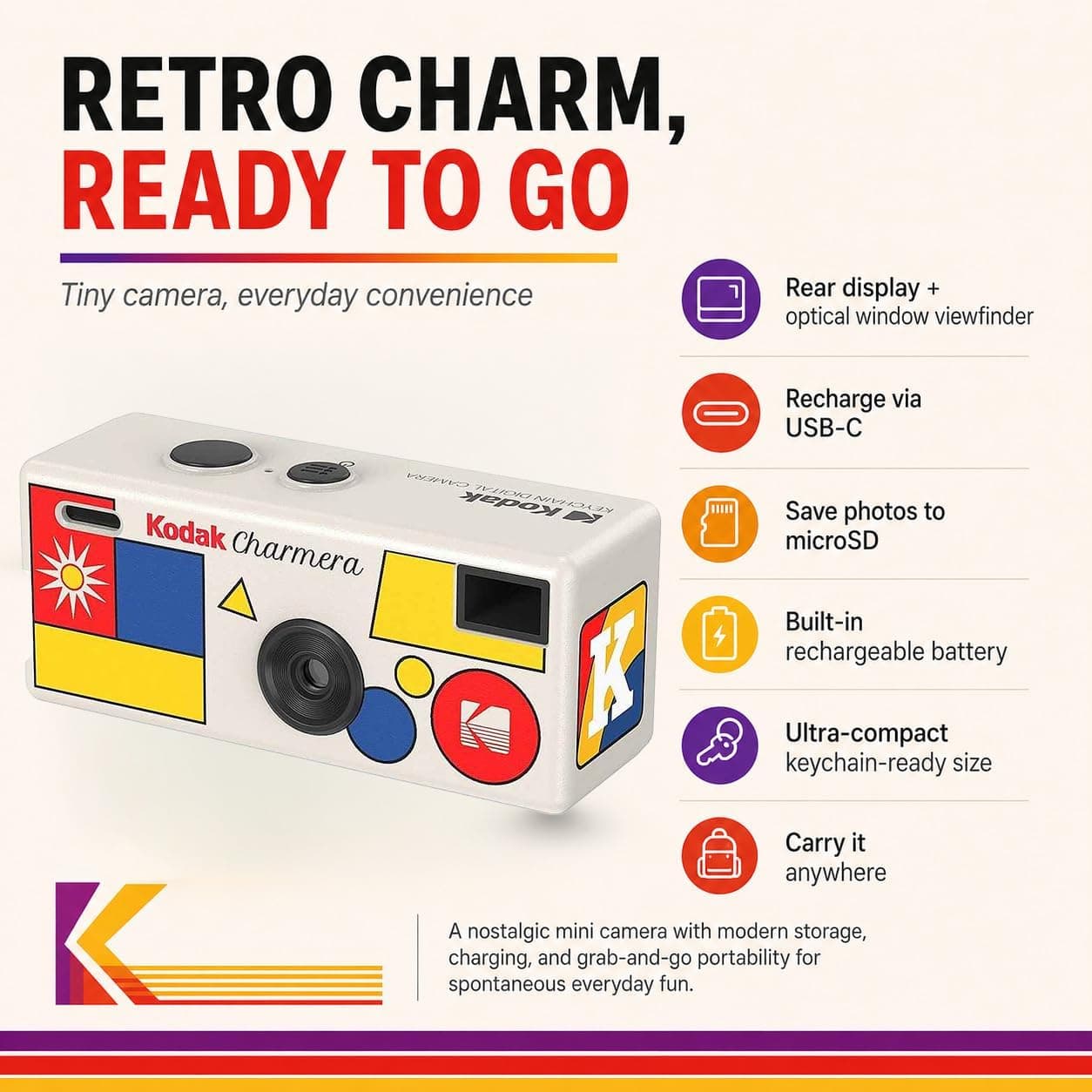 دوربین دیجیتال جاکلیدی KODAK Charmera با کارت حافظه 32 GB، کارتخوان و کیف، مجموعه 4 تکه دوربین دیجیتال جاکلیدی KODAK Charmera با کارت حافظه 32 GB، کارتخوان و کیف، مجموعه 4 تکه