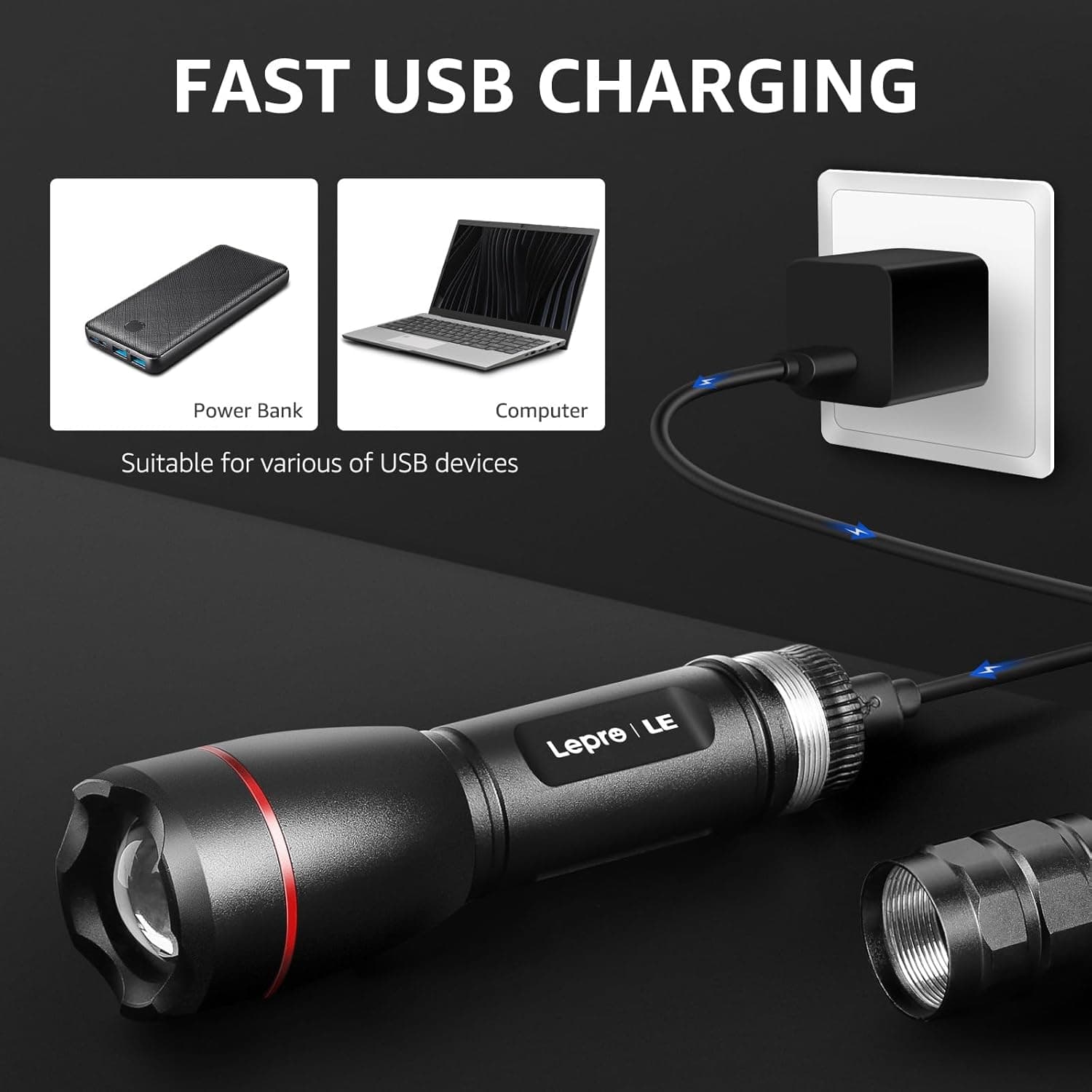 چراغقوه تاکتیکی LED شارژی Lepro با روشنایی 15000 Lux، USB، 5 حالت نوردهی و ضدآب چراغقوه تاکتیکی LED شارژی Lepro با روشنایی 15000 Lux، USB، 5 حالت نوردهی و ضدآب