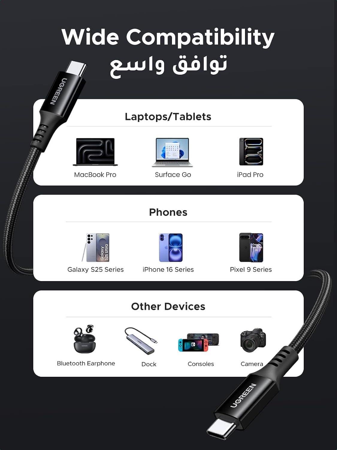 کابل UGREEN USB C به USB C 3 متری 100 وات شارژ سریع بافته کابل UGREEN USB C به USB C 3 متری 100 وات شارژ سریع بافته
