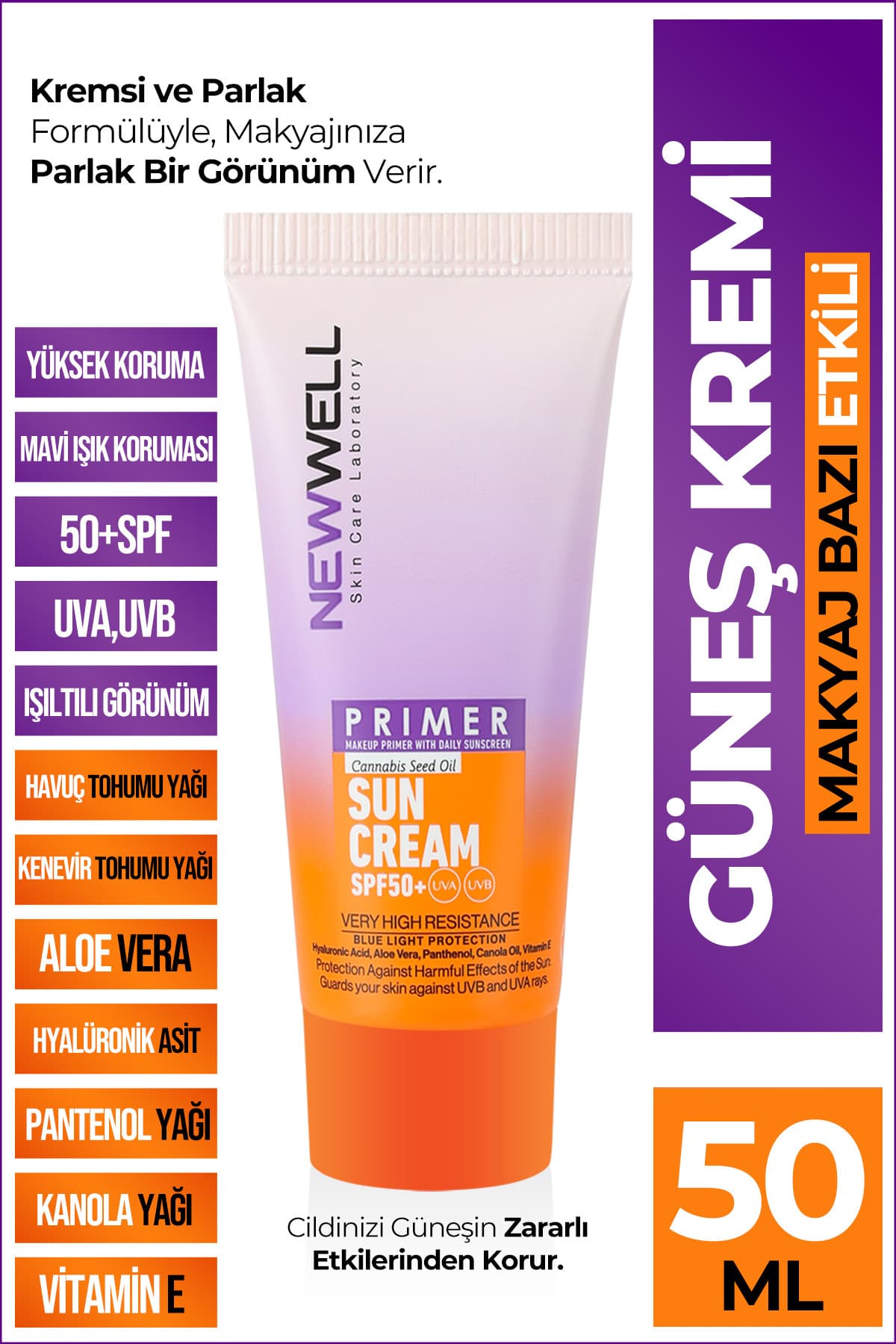 کرم ضدآفتاب پرایمر آرایشی New Well با SPF 50+ روشنکننده 50ML کرم ضدآفتاب پرایمر آرایشی New Well با SPF 50+ روشنکننده 50ML