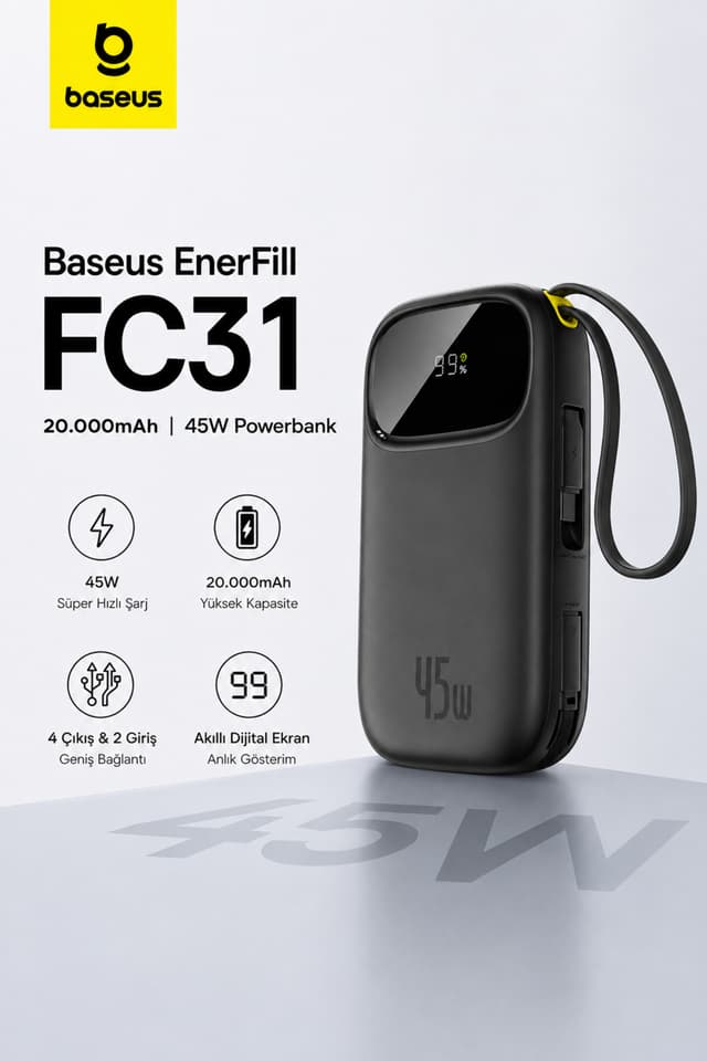 پاوربانک Baseus با نمایشگر دیجیتال، شارژ سریع و کابل USB-C دوگانه داخلی 20000mAh 45W مشکی پاوربانک Baseus با نمایشگر دیجیتال، شارژ سریع و کابل USB-C دوگانه داخلی 20000mAh 45W مشکی