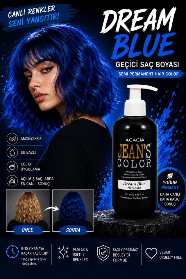 رنگ موی آبی jeans color بدون آمونیاک، بیبو و پایهآب مدل Dream Blue 250 ml رنگ موی آبی jeans color بدون آمونیاک، بیبو و پایهآب مدل Dream Blue 250 ml