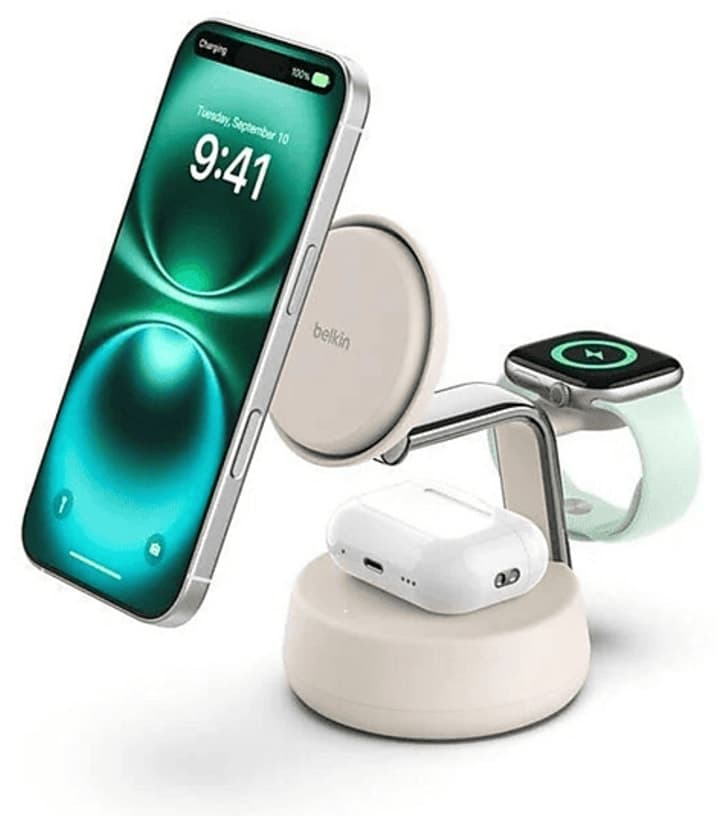 پایه شارژ بیسیم مگنتی Belkin سهدریک Qi2 25W شنی BoostCharge Pro مدل WIZ040 پایه شارژ بیسیم مگنتی Belkin سهدریک Qi2 25W شنی BoostCharge Pro مدل WIZ040