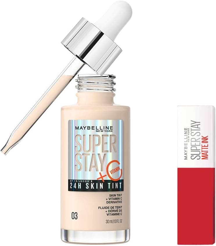 ست آرایشی کرمپودر Skin Tint Super Stay و رژ لب مایع مات Super Stay Matte Ink MAYBELLINE مدل 03 و 20 Pioneer ست آرایشی کرمپودر Skin Tint Super Stay و رژ لب مایع مات Super Stay Matte Ink MAYBELLINE مدل 03 و 20 Pioneer