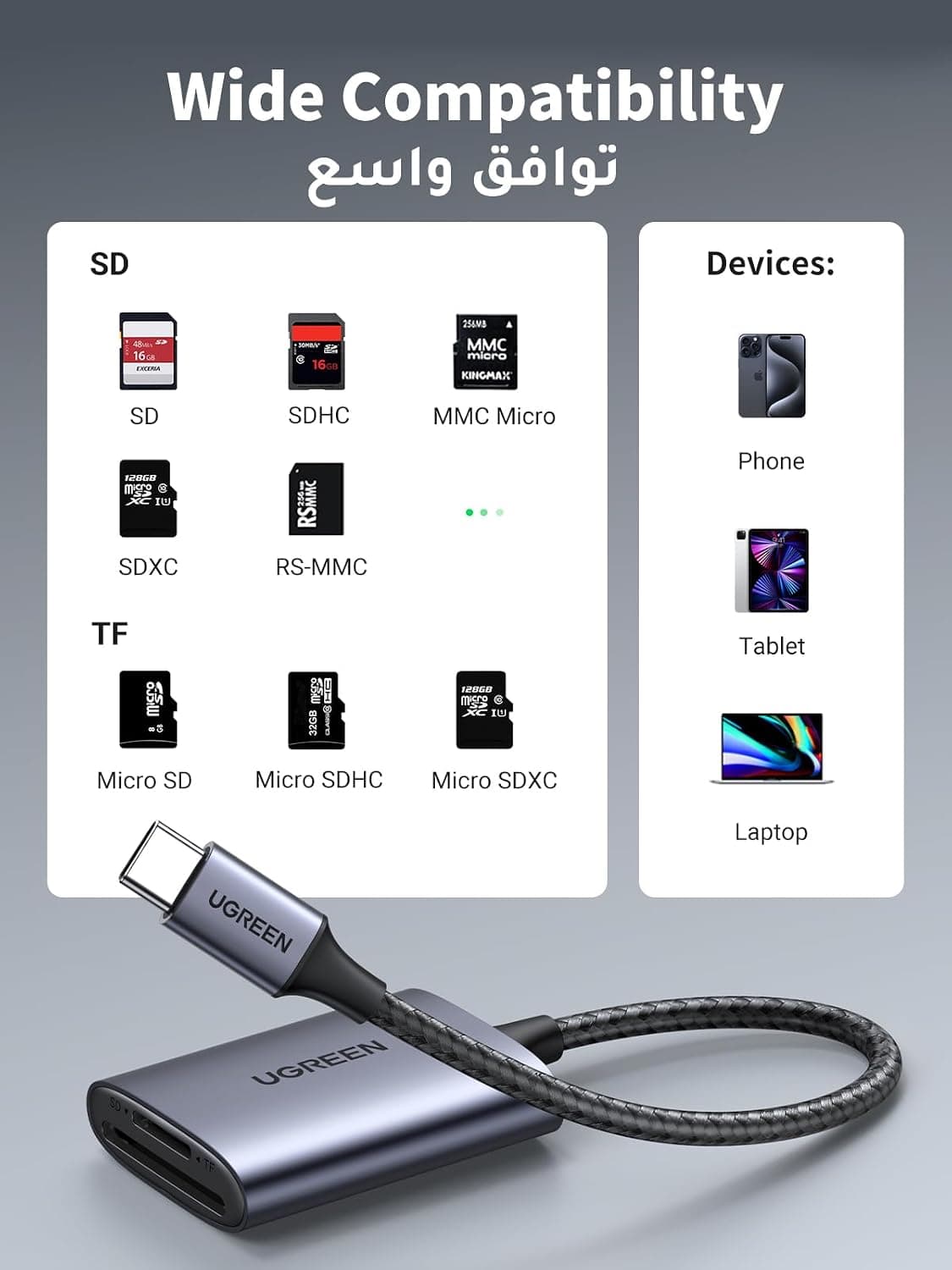 کارتخوان حافظه UGREEN دوکاره OTG Type C برای Micro SD/TF کارتخوان حافظه UGREEN دوکاره OTG Type C برای Micro SD/TF