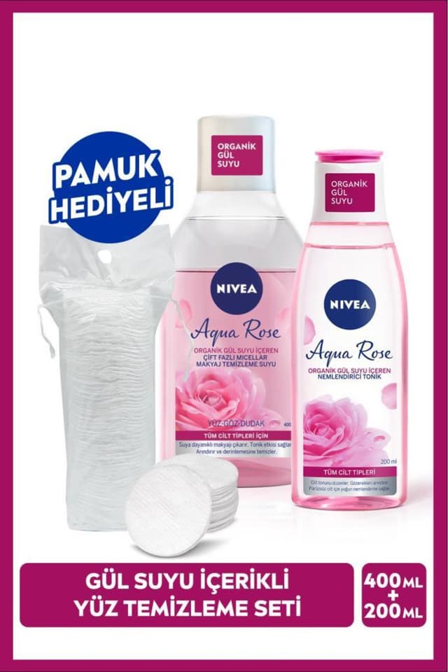 ست آب میسلار پاککننده آرایش دو فازی و تونر مرطوبکننده NIVEA Aqua Rose، 400ml و 200ml، پنبه هدیه ست آب میسلار پاککننده آرایش دو فازی و تونر مرطوبکننده NIVEA Aqua Rose، 400ml و 200ml، پنبه هدیه