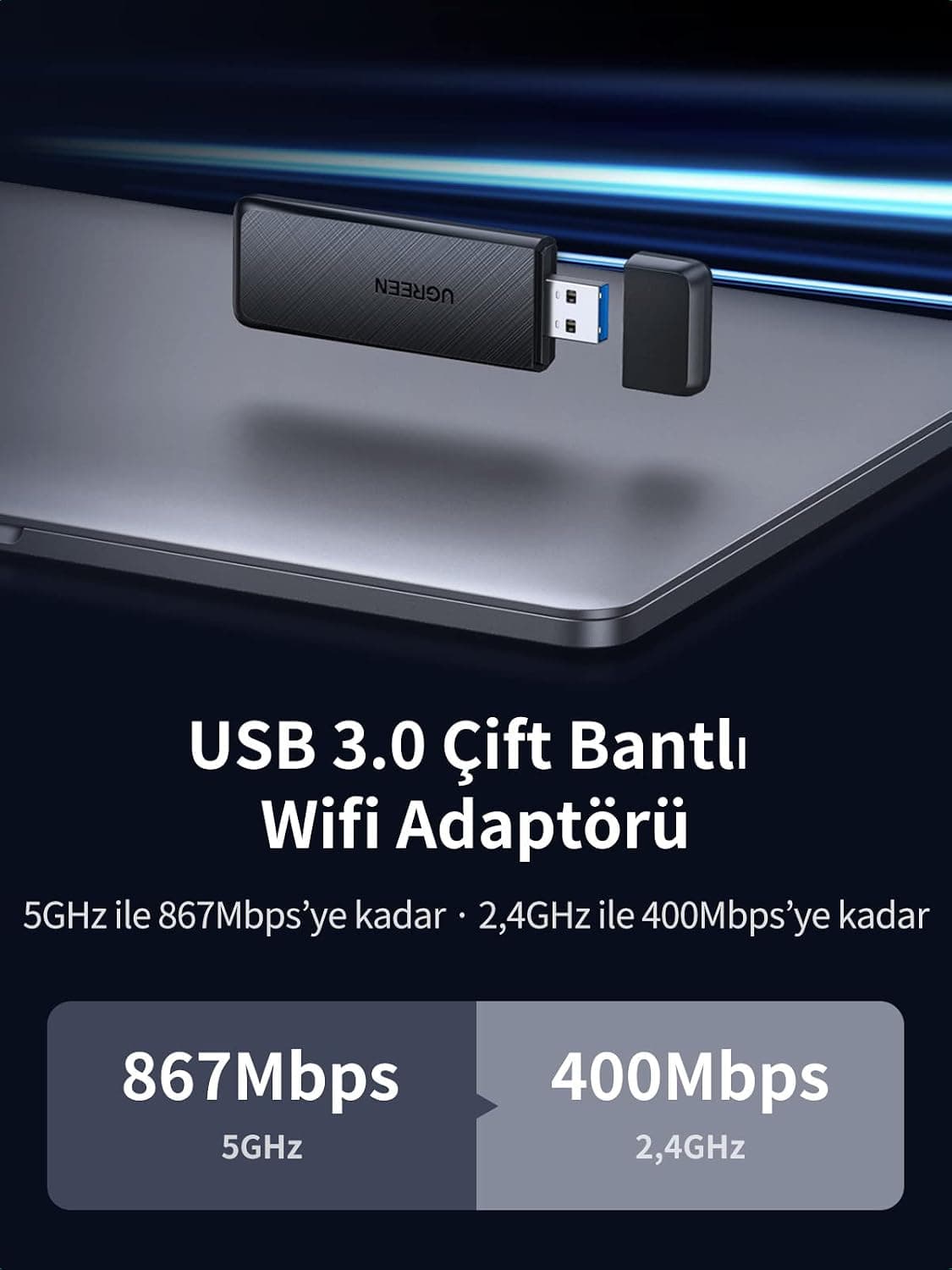 آداپتور شبکه بیسیم UGREEN گیرنده Wi-Fi با USB 3.0، 1300Mbps و 2.4/5Ghz مدل AC1300 آداپتور شبکه بیسیم UGREEN گیرنده Wi-Fi با USB 3.0، 1300Mbps و 2.4/5Ghz مدل AC1300