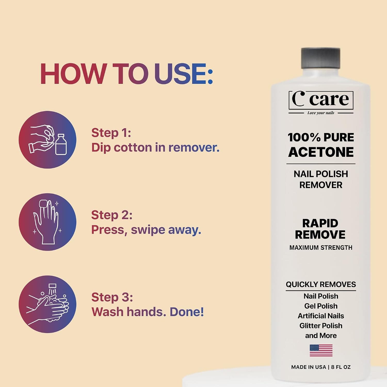 پاککننده لاک ناخن C CARE با استون خالص 100% برای لاک ژل، اکریلیک، شلاک و اکلیلی 8 Fl oz پاککننده لاک ناخن C CARE با استون خالص 100% برای لاک ژل، اکریلیک، شلاک و اکلیلی 8 Fl oz