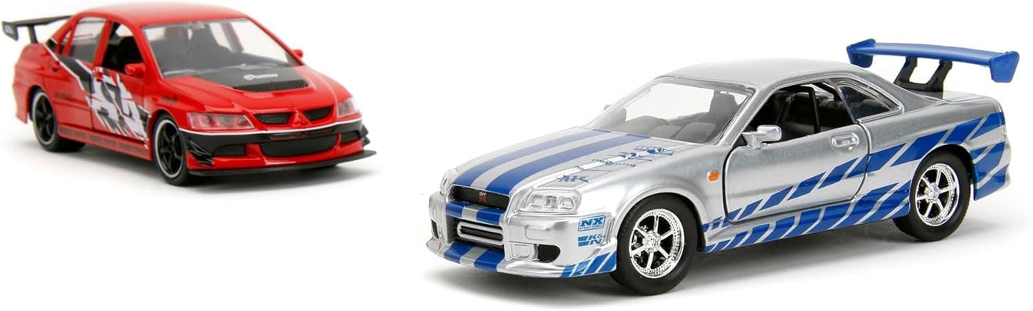 ست 2تایی ماشین مدل Jada Fast and Furious، Mitsubishi Lancer Evolution IX و Brian's Nissan Skyline GT-R (R34)، سری Legacy Series، درِ بازشو، مقیاس 1:32، 13 cm ست 2تایی ماشین مدل Jada Fast and Furious، Mitsubishi Lancer Evolution IX و Brian's Nissan Skyline GT-R (R34)، سری Legacy Series، درِ بازشو، مقیاس 1:32، 13 cm