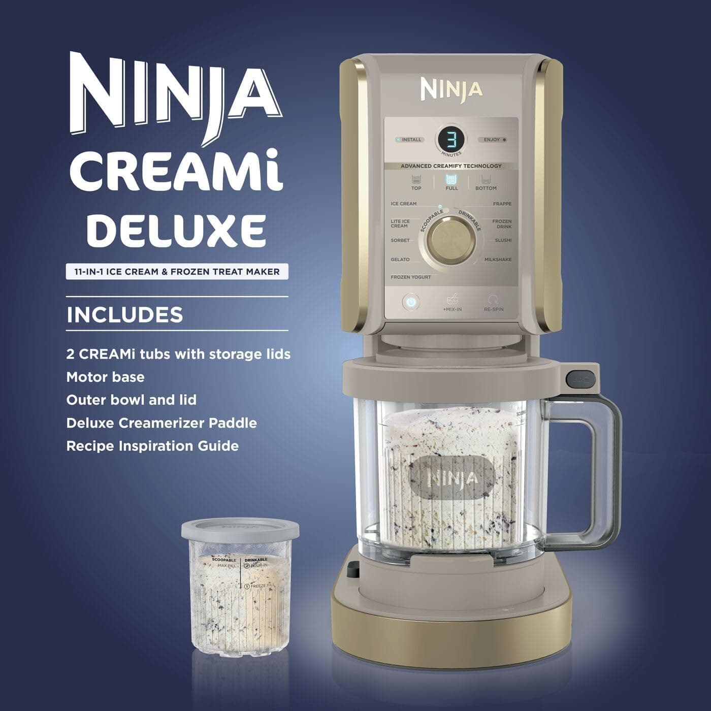 دستگاه بستنی ساز NINJA CREAMi Deluxe با ۳ ظرف طلایی سنگی مدل NC501UKSTGD دستگاه بستنی ساز NINJA CREAMi Deluxe با ۳ ظرف طلایی سنگی مدل NC501UKSTGD