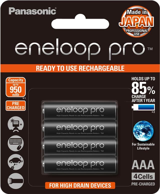 باتری قابل شارژ Panasonic eneloop pro سایز AAA ظرفیت 950mAh بسته 4 عددی مدل BK-4HCCE4BT3 باتری قابل شارژ Panasonic eneloop pro سایز AAA ظرفیت 950mAh بسته 4 عددی مدل BK-4HCCE4BT3