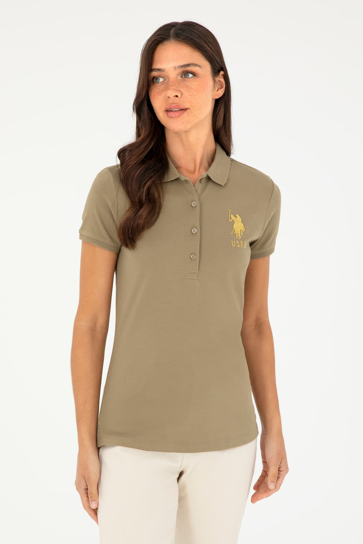 تیشرت زنانه U.S. Polo Assn. یقه پولو خاکی بیسیک مدل 50280071-VR027 تیشرت زنانه U.S. Polo Assn. یقه پولو خاکی بیسیک مدل 50280071-VR027