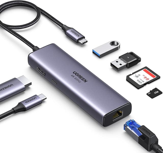 هاب USB C 7 in 1 UGREEN با 4K HDMI، Ethernet، USB A Data و کارتخوان SD/TF هاب USB C 7 in 1 UGREEN با 4K HDMI، Ethernet، USB A Data و کارتخوان SD/TF