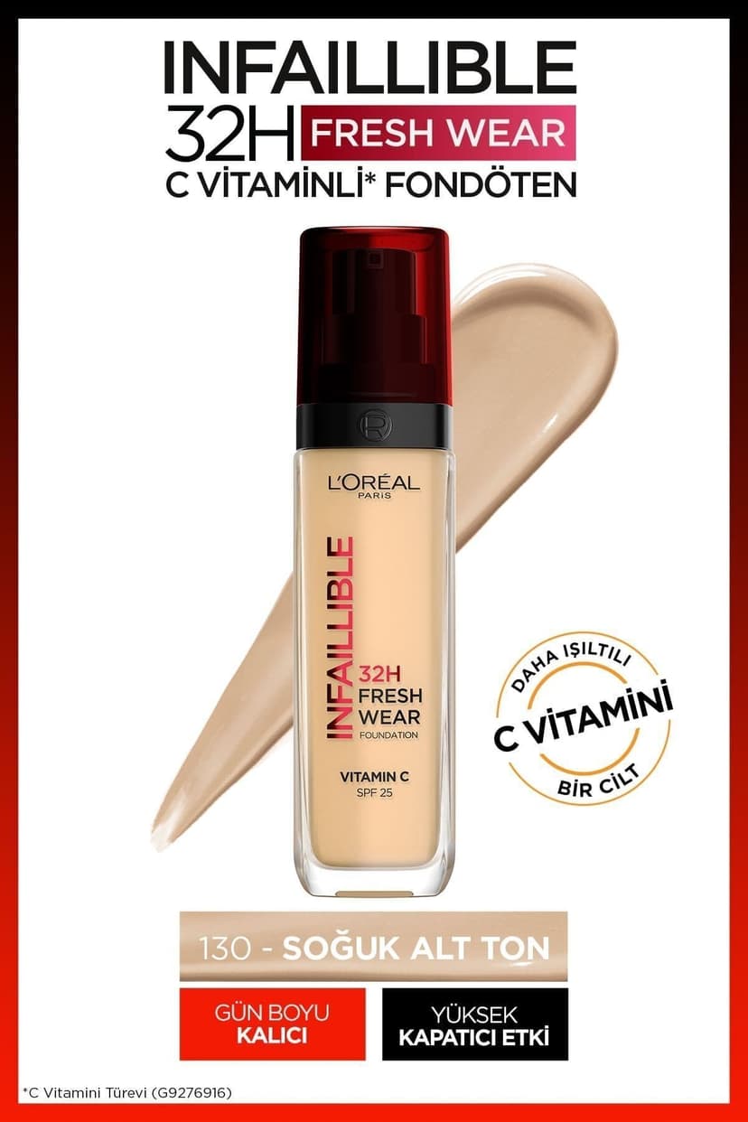 فاندیشن L'Oreal Paris ویتامین C Infaillible 32H Fresh Wear رنگ 130 بژ واقعی فاندیشن L'Oreal Paris ویتامین C Infaillible 32H Fresh Wear رنگ 130 بژ واقعی