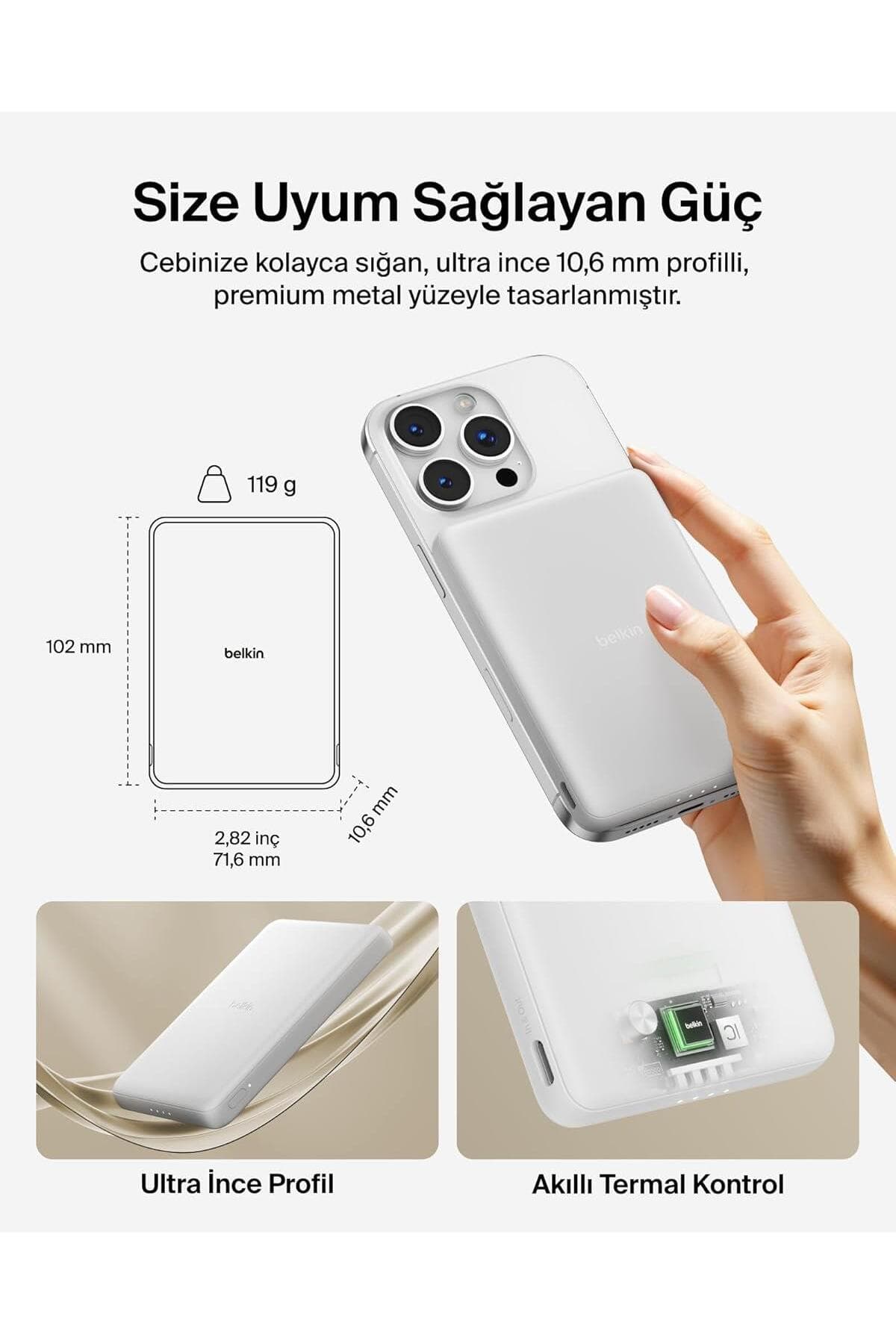 پاوربانک بیسیم باریک Belkin BoostCharge با ظرفیت 5.000 mAh سازگار با MagSafe سفید 15W مدل BPD010HQWH پاوربانک بیسیم باریک Belkin BoostCharge با ظرفیت 5.000 mAh سازگار با MagSafe سفید 15W مدل BPD010HQWH