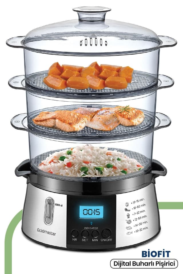 بخارپز GoldMaster Biofit دیجیتال 10 Litre با نمایشگر LED و تایمر 120 دقیقهای مدل GM7268D بخارپز GoldMaster Biofit دیجیتال 10 Litre با نمایشگر LED و تایمر 120 دقیقهای مدل GM7268D