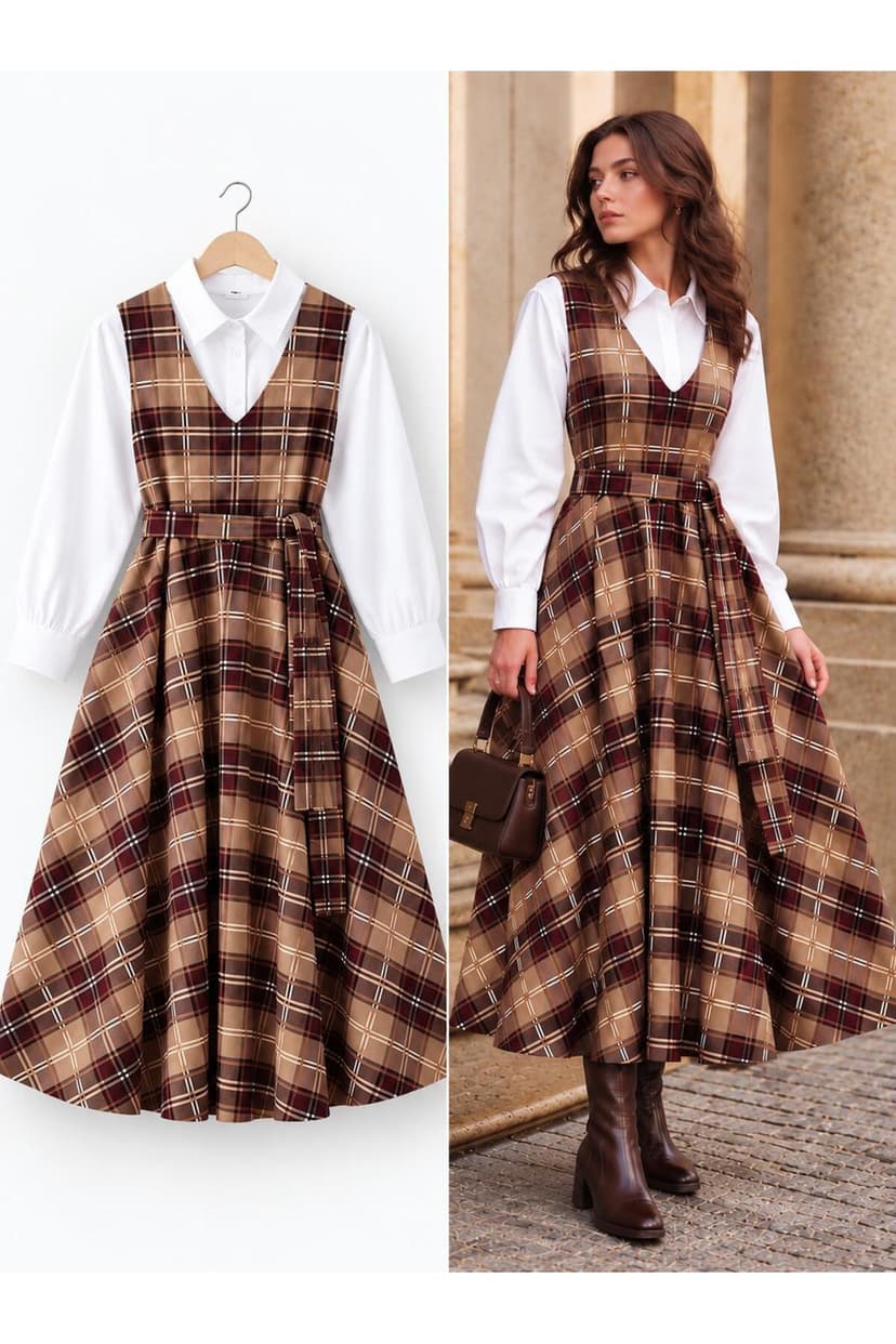 لباس زنانه Küçüğüm Butik بلند چهارخانه کرم-زرشکی Jile لباس زنانه Küçüğüm Butik بلند چهارخانه کرم-زرشکی Jile