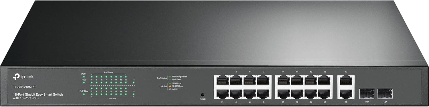 سوئیچ شبکه TP-Link با 16 پورت PoE+، 2 پورت RJ45 گیگابیتی و 2 اسلات Combo Gigabit SFP، 250 W، رکمونت مدل TL-SG1218MPE سوئیچ شبکه TP-Link با 16 پورت PoE+، 2 پورت RJ45 گیگابیتی و 2 اسلات Combo Gigabit SFP، 250 W، رکمونت مدل TL-SG1218MPE