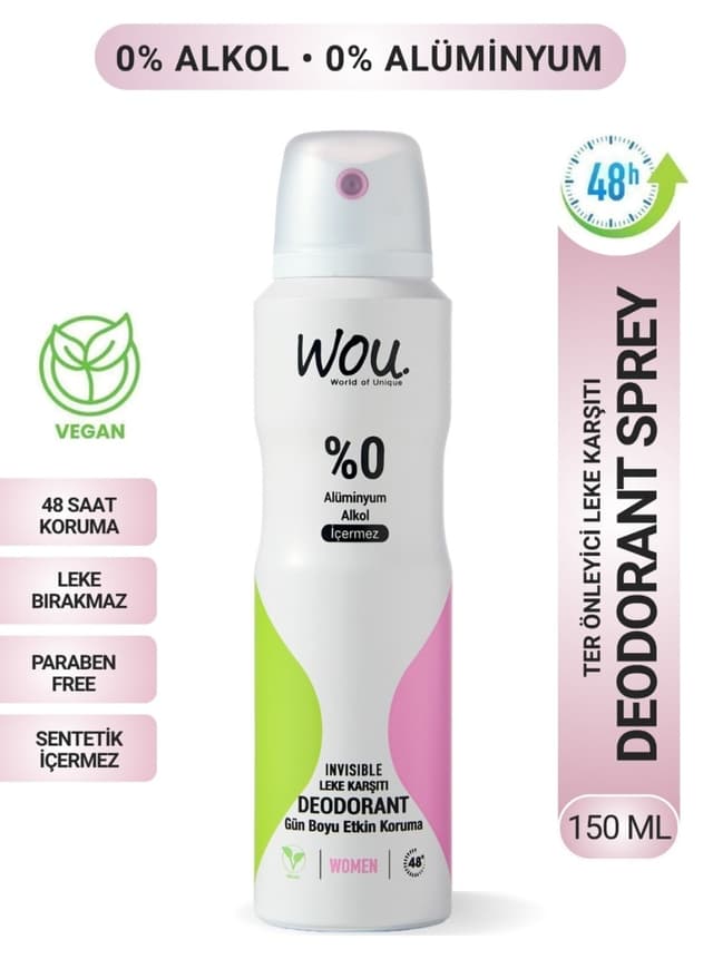 دئودورانت اسپری زنانه WOU World of Unique 48 ساعته وگان 150ml دئودورانت اسپری زنانه WOU World of Unique 48 ساعته وگان 150ml
