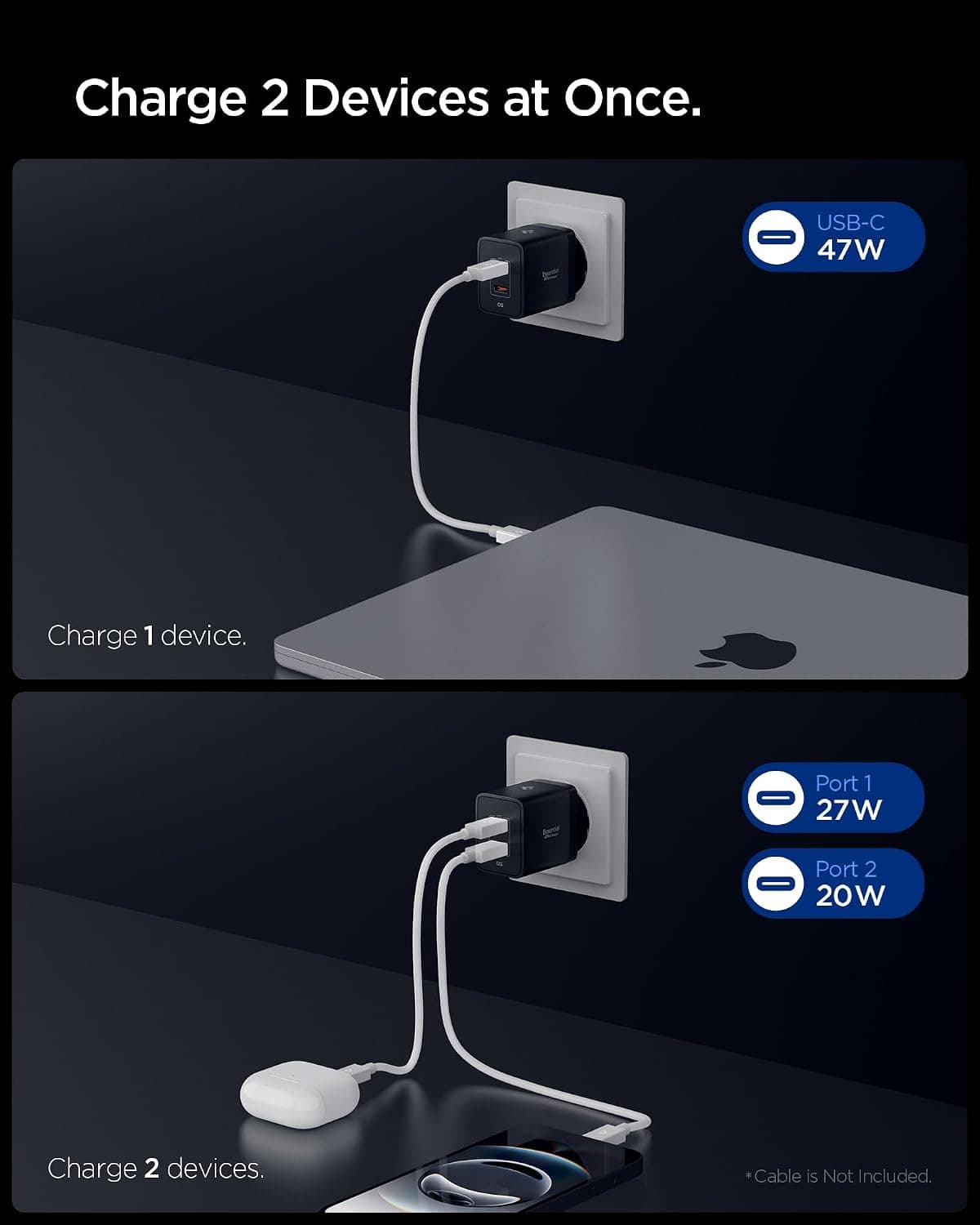 آداپتور شارژ سریع Spigen دوپورت USB-C 47W با PPS 2.0 و GaN Pro مشکی مدل ACH09457 آداپتور شارژ سریع Spigen دوپورت USB-C 47W با PPS 2.0 و GaN Pro مشکی مدل ACH09457