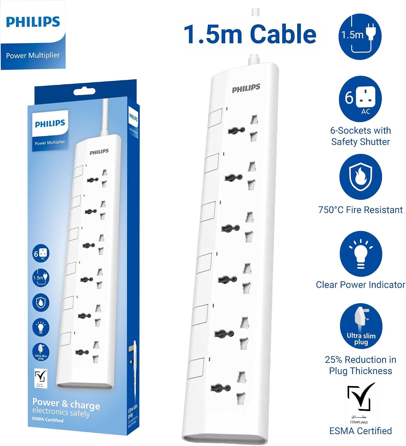 چندراهی برق PHILIPS 6 خانه با کلید مستقل 1.5M مدل 6UV-1.5m چندراهی برق PHILIPS 6 خانه با کلید مستقل 1.5M مدل 6UV-1.5m