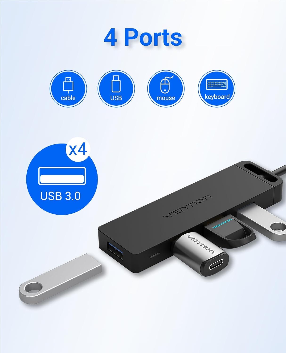 هاب USB 3.0 فوق نازک VENTION پشتیبانی شارژ ۴ پورت ۱ متری هاب USB 3.0 فوق نازک VENTION پشتیبانی شارژ ۴ پورت ۱ متری