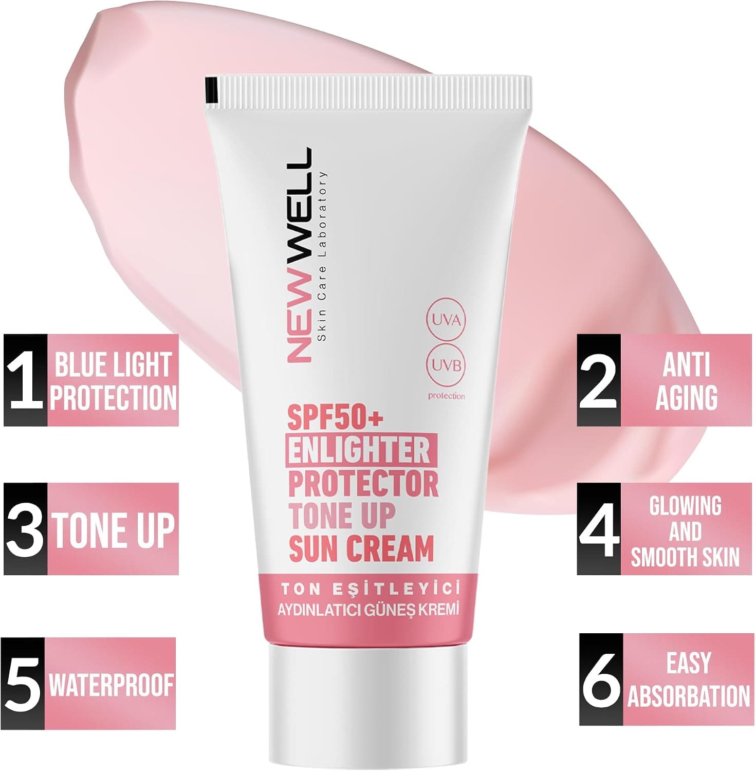 کرم ضدآفتاب صورت صورتی New Well با اثر روشنکننده و یکدستکننده SPF 50+ محافظ UVA/UVB 50 ml کرم ضدآفتاب صورت صورتی New Well با اثر روشنکننده و یکدستکننده SPF 50+ محافظ UVA/UVB 50 ml