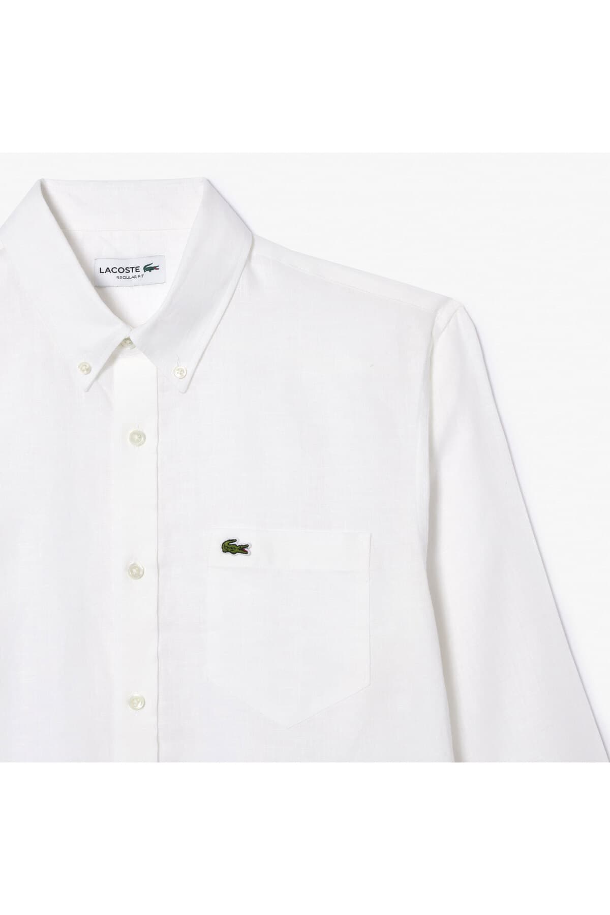 پیراهن مردانه Lacoste کتان سفید یقه دکمهدار فیت معمولی پیراهن مردانه Lacoste کتان سفید یقه دکمهدار فیت معمولی
