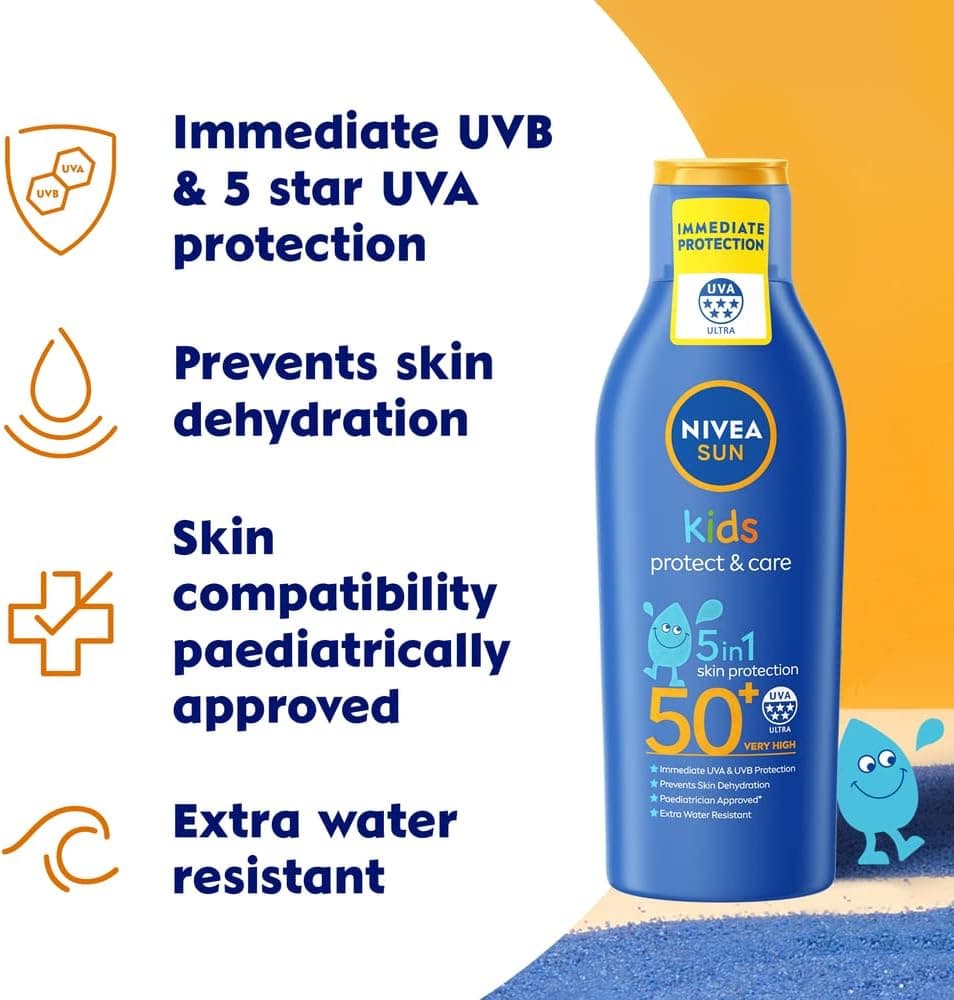 لوسیون ضدآفتاب کودک NIVEA SUN Protect & Care، SPF 50+، محافظت 5in1 در برابر UVA و UVB، 200ml لوسیون ضدآفتاب کودک NIVEA SUN Protect & Care، SPF 50+، محافظت 5in1 در برابر UVA و UVB، 200ml