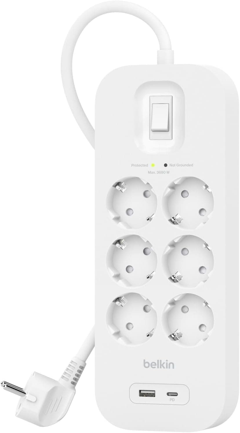 چندراهی برق Belkin چهارپریز با محافظ ولتاژ، نصب دیواری، کابل 2 m، USB-C PD و USB-A، نشانگر سبز، محافظت 525 ژول چندراهی برق Belkin چهارپریز با محافظ ولتاژ، نصب دیواری، کابل 2 m، USB-C PD و USB-A، نشانگر سبز، محافظت 525 ژول